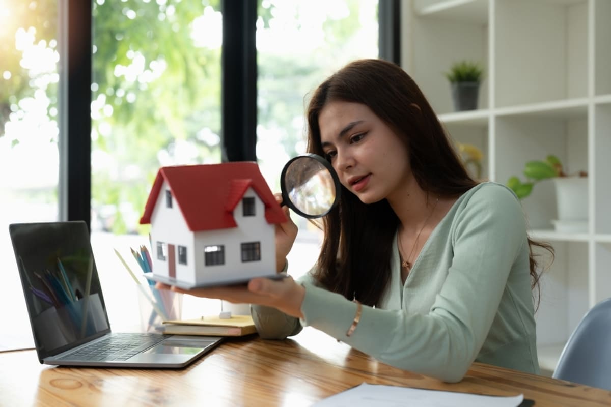 Woman looking at a house with a magnifying glass, setting a rental rate concept.